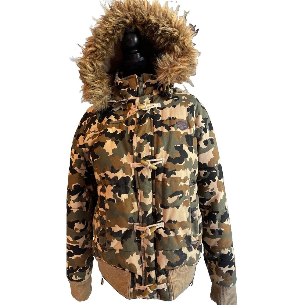 PARISH NATION Camo Heavy Parka Jacket with Faux Fur Trim Removable Hood Wn Sz L